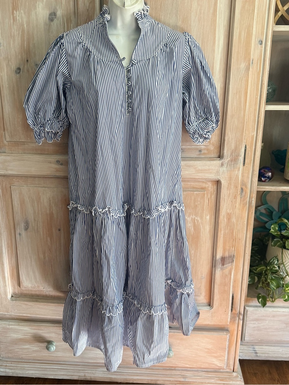 HUNTER BELL Holloway Navy and White Striped Ruffle Tier Dress Small $450